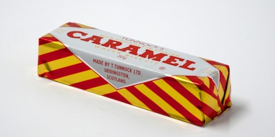 A Tunnock's Caramel Wafer bar against a white background