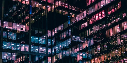 A lit up office building