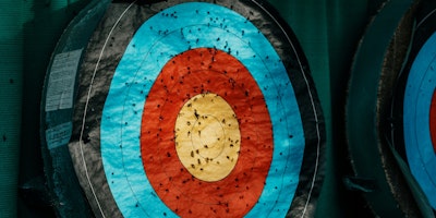 An archery target with arrow marks against a green background