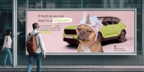 Out of home poster for Badvertising, a dog with a unicorn hat on it