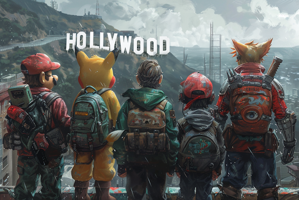 Different game characters look towards the Hollywood sign, as more games are adapted into movies